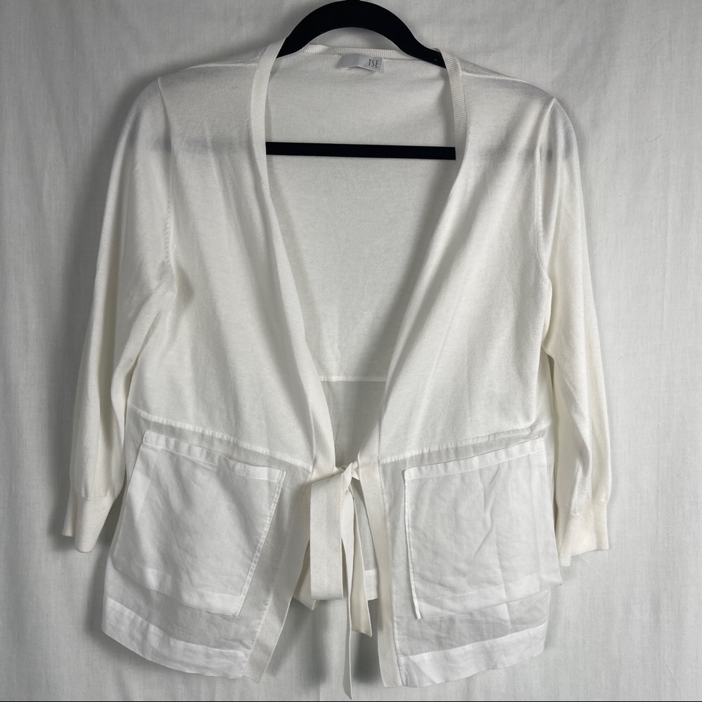 TSE 100% Cotton White L/S Front Tie Cardigan Sweater